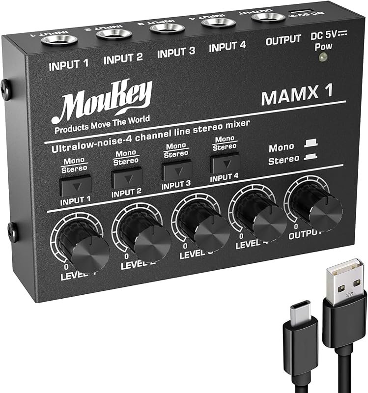 Moukey Mini Audio Mixer, DC 5V, 4 Stereo Ultra, Low Noise 4 Channel Li