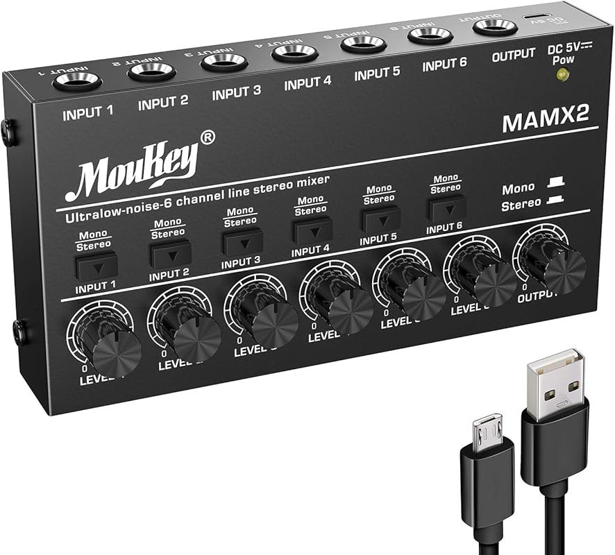 Moukey Audio Mixer, DC 5V, 6 Stereo Ultra, Low Noise 6 Channel Line Mi