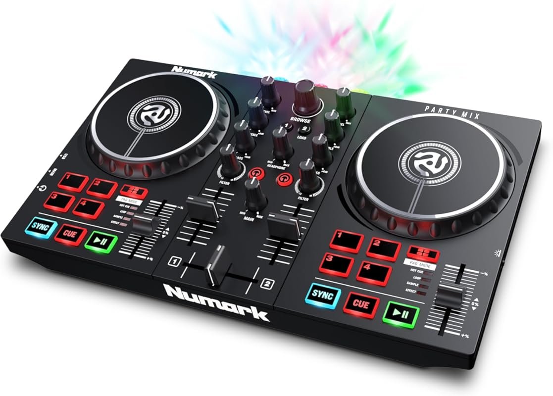 Numark Party Mix: Portable DJ Controller with 2 Decks, Mixer, and Sera