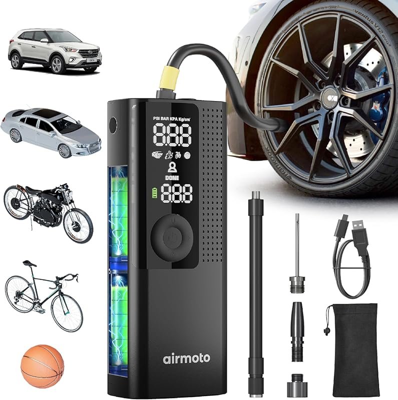 Portable Air Pump for Tires: Cordless Inflator with Digital Gauge, LED