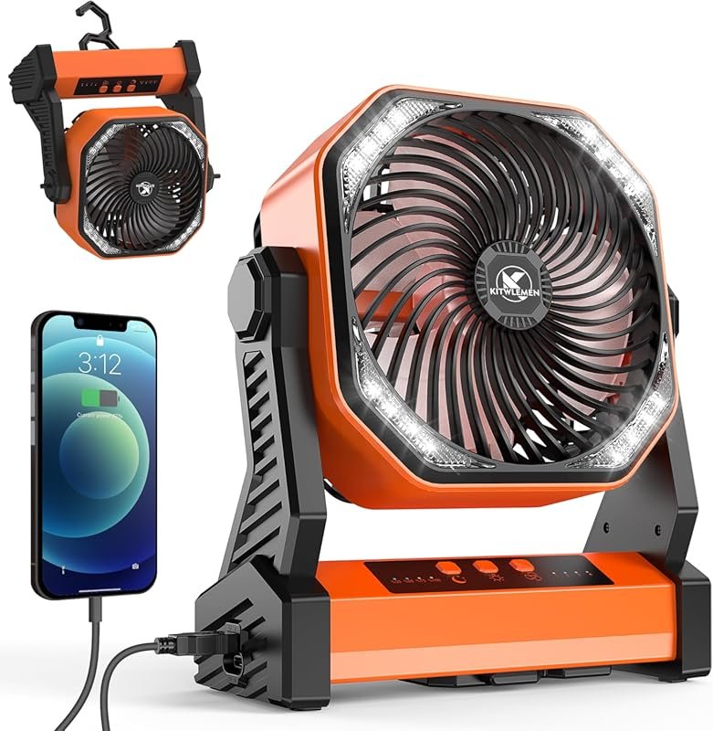 Rechargeable Portable Outdoor Fan: Battery Powered with 4 Speeds, Ligh