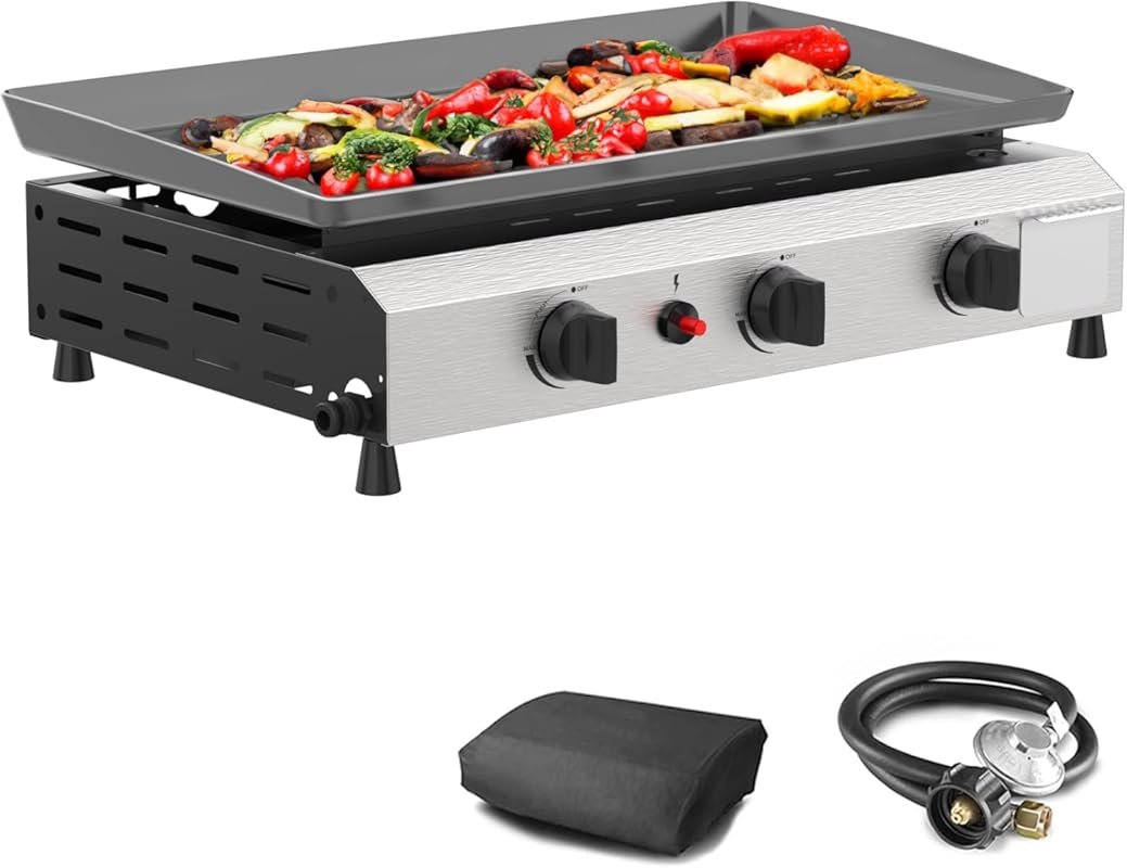 SKOK Portable 3-Burner Flat Top Propane Gas Grill for Outdoor Cooking,