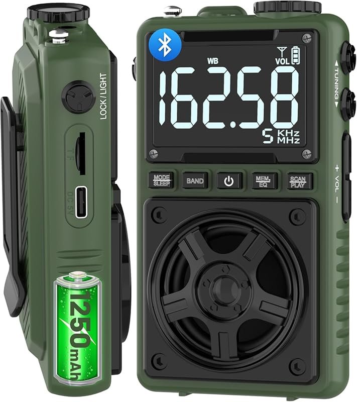 Bluetooth AM/FM Portable Shortwave Radio: NOAA Alert, Rechargeable, Di