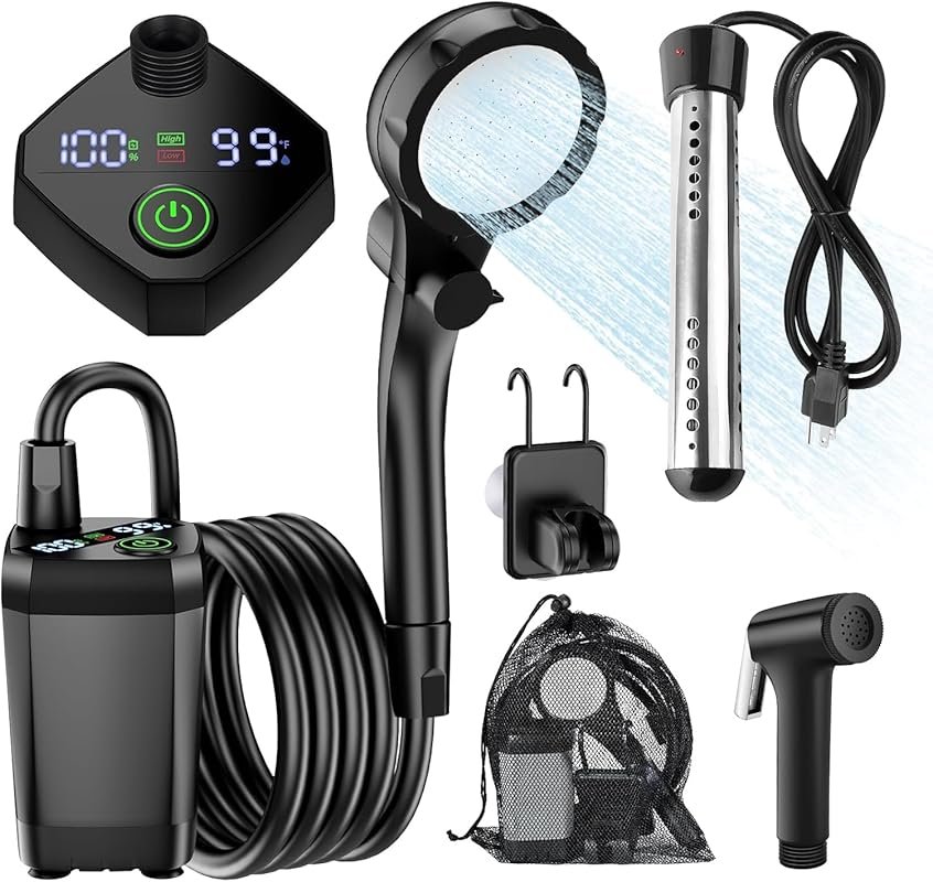 InkTrail Portable Camping Shower with Heater – Rechargeable Pump for O