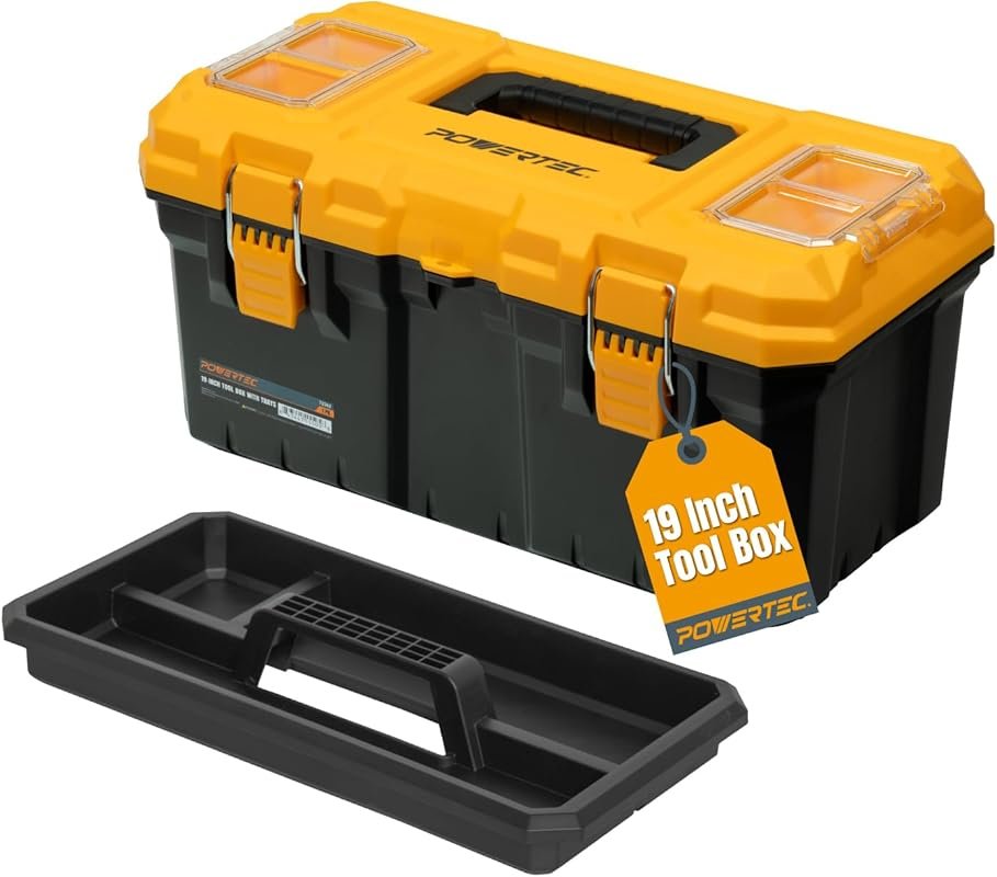 POWERTEC 19-Inch Tool Box with Trays - Lockable, Metal Latch, Organize