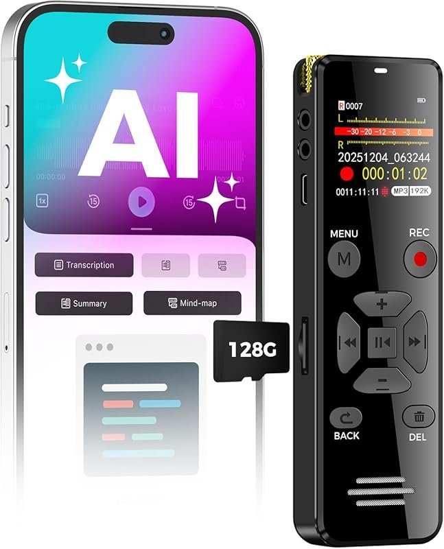 Portable 128GB AI Digital Voice Recorder with Voice Activation, Playba